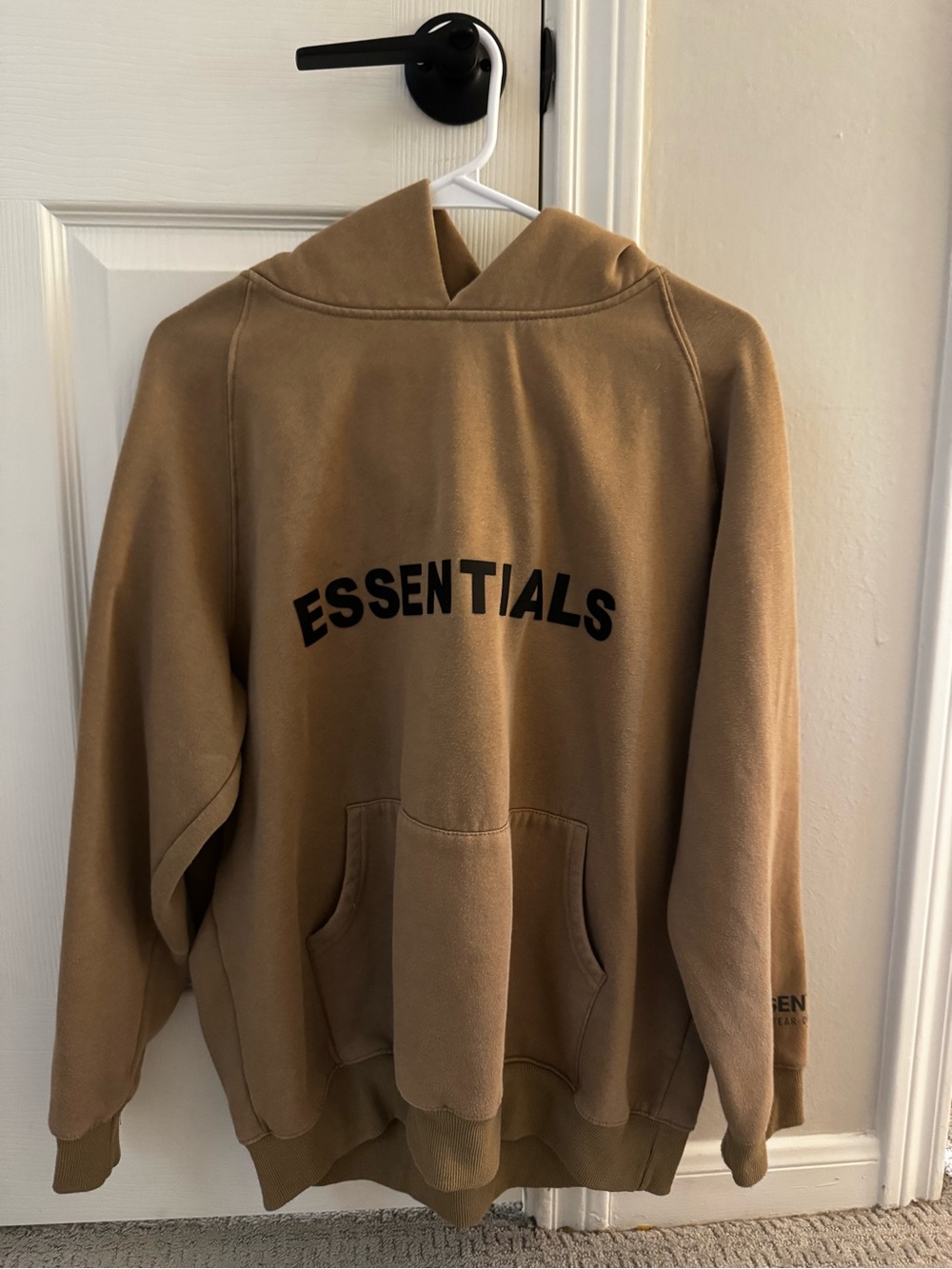 Fear of God Essentials Tan Hoodie with Black Logo